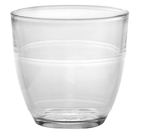 Clear glass tumblers by Duralex ready for iced beverages.