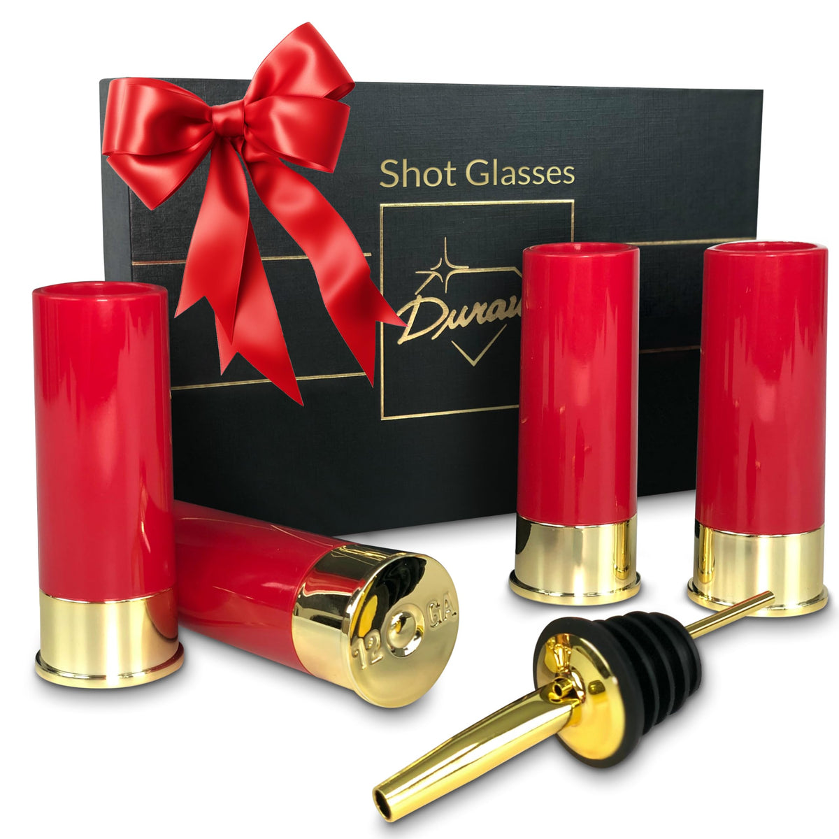 Durawe 12-gauge bullet shot glasses with pourer for entertaining guests.