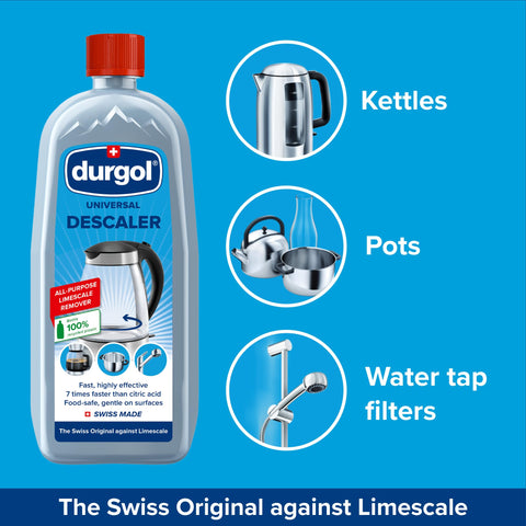 Kettle being descaled with Durgol Universal to restore heat efficiency.