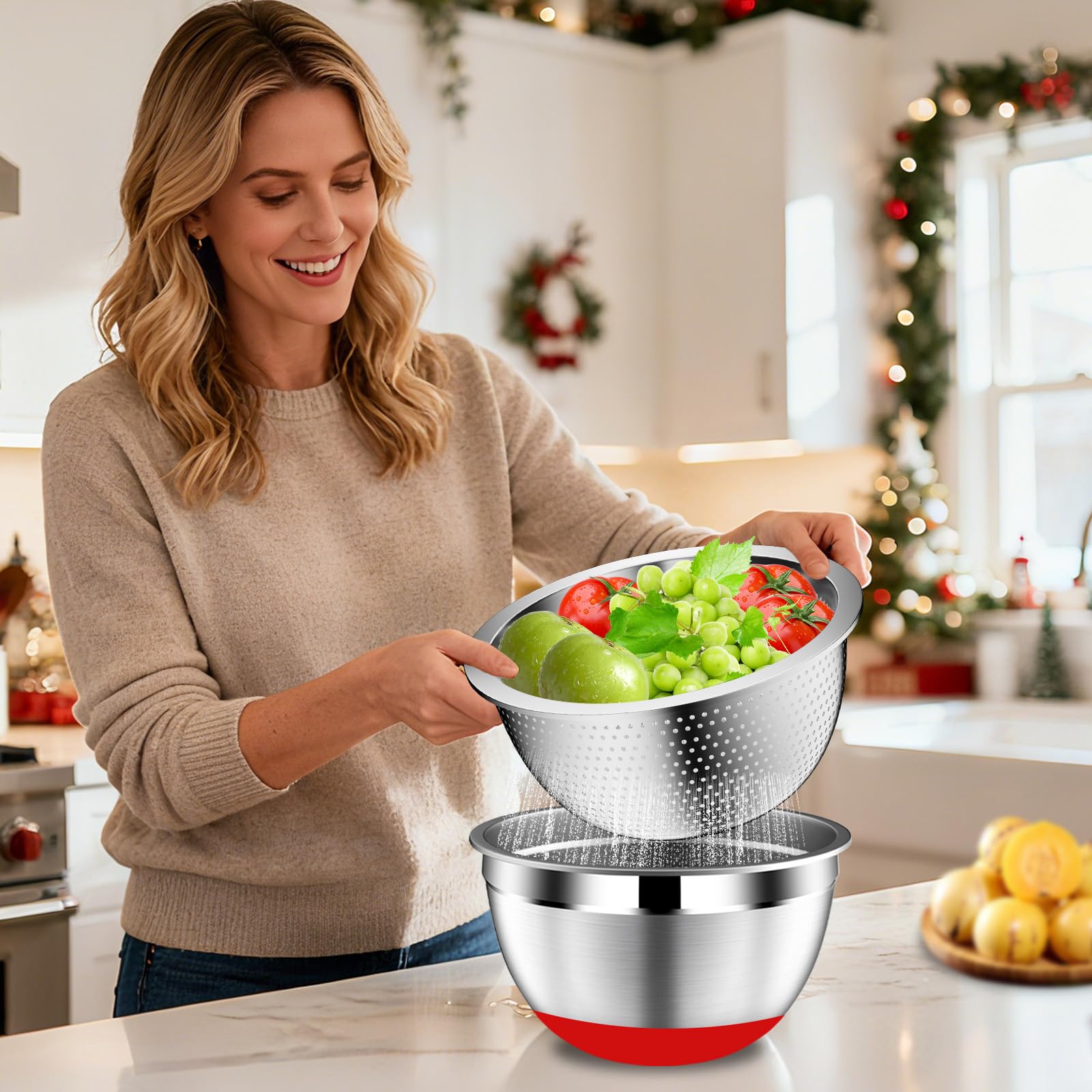 DUTZUN colander nests securely for easy draining and cleanup.