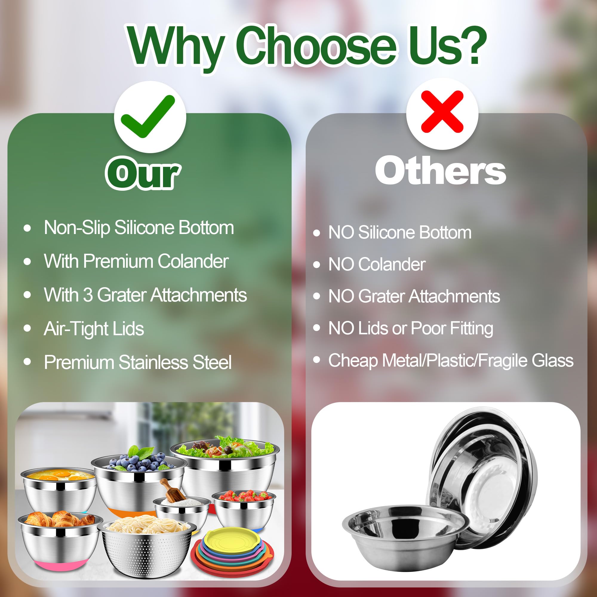 DUTZUN stainless steel nesting bowls save space when stacked in cabinets.