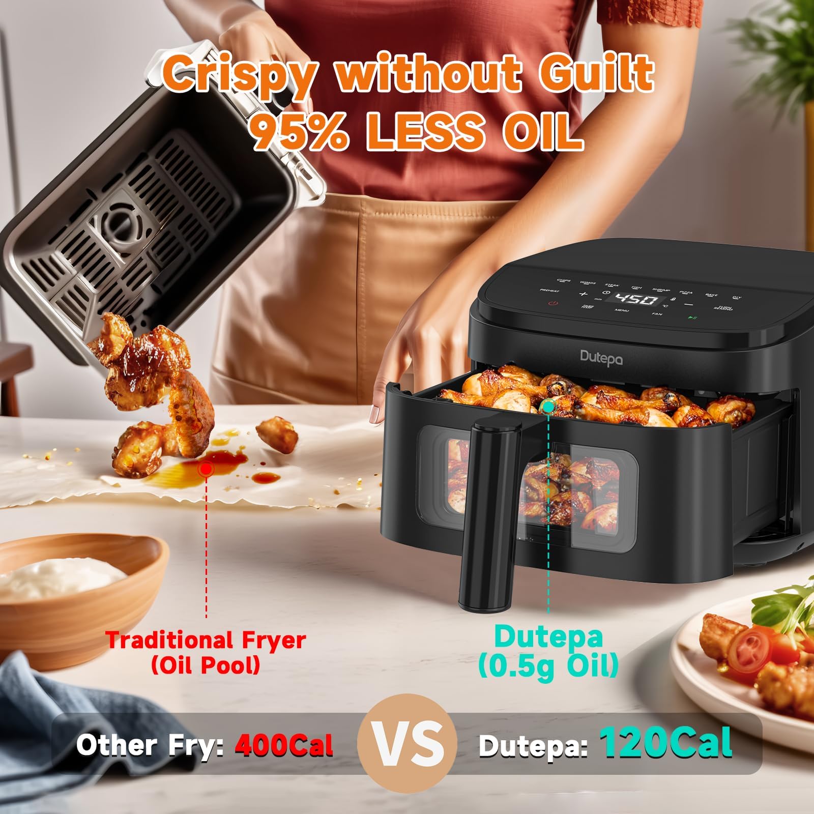 Dutepa air fryer basket and tray are dishwasher-safe for easy cleanup.
