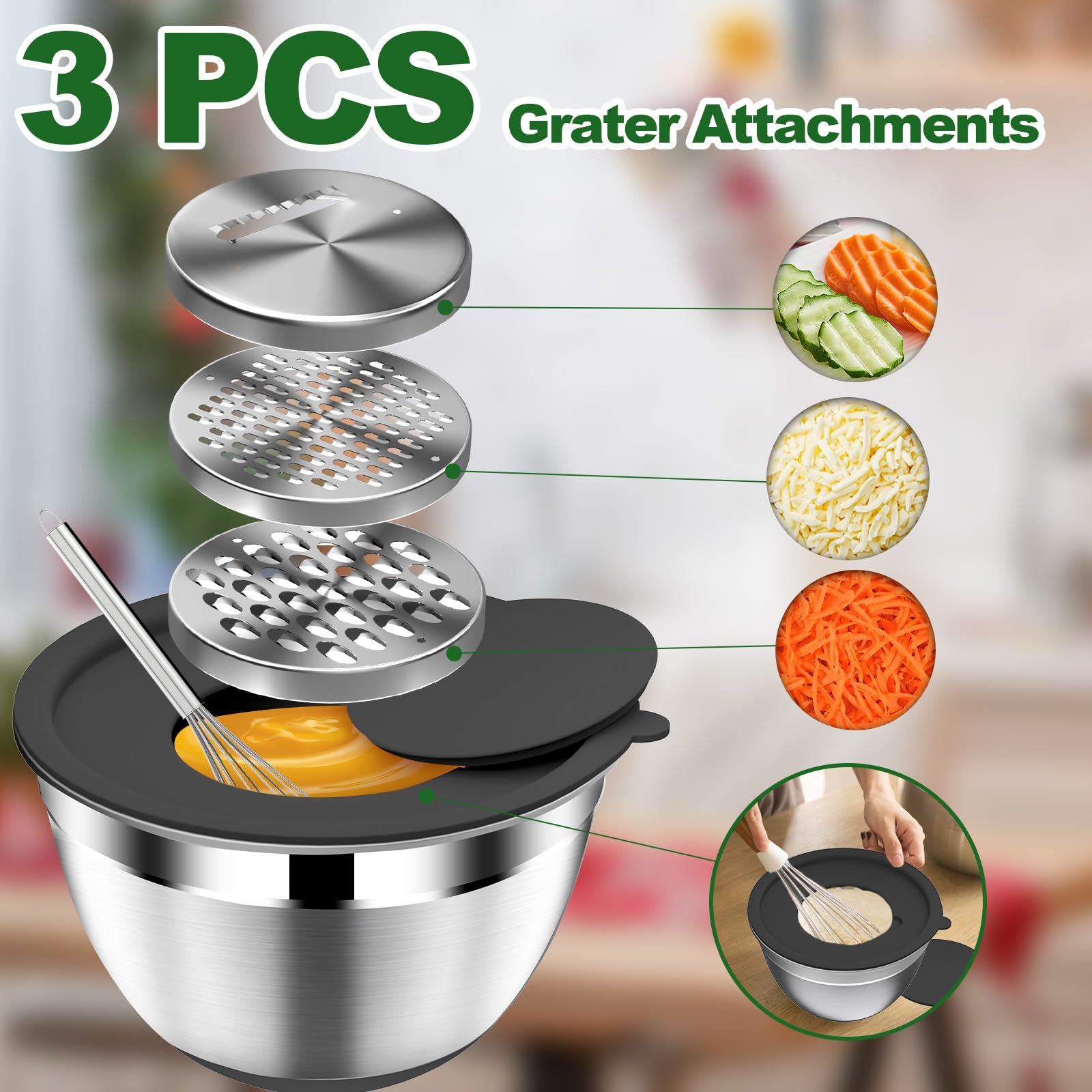 DUTZUN three grater attachments for efficient slicing and shredding.