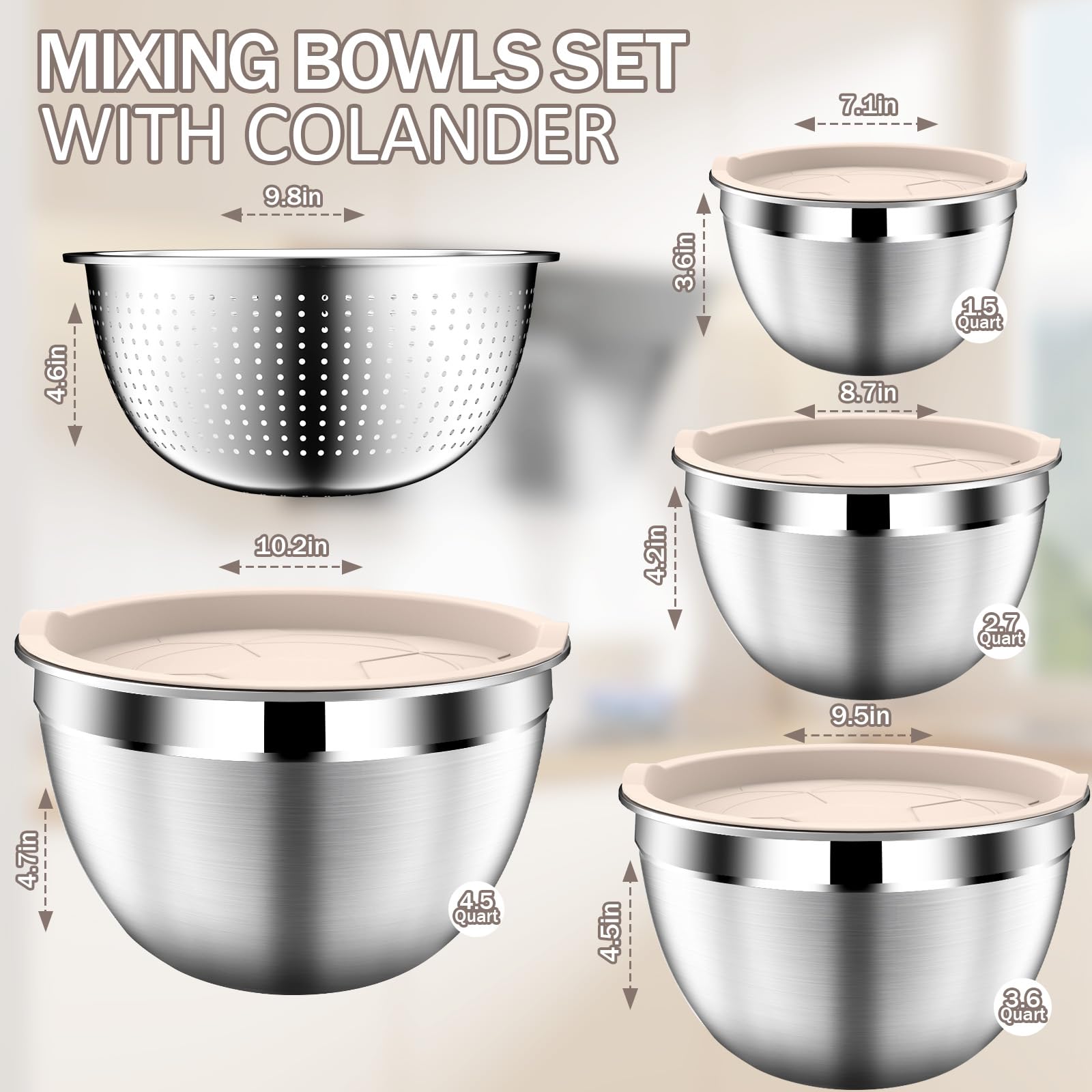 DUTZUN mixing bowls beige with lids, ideal for storage and on-the-go meals.