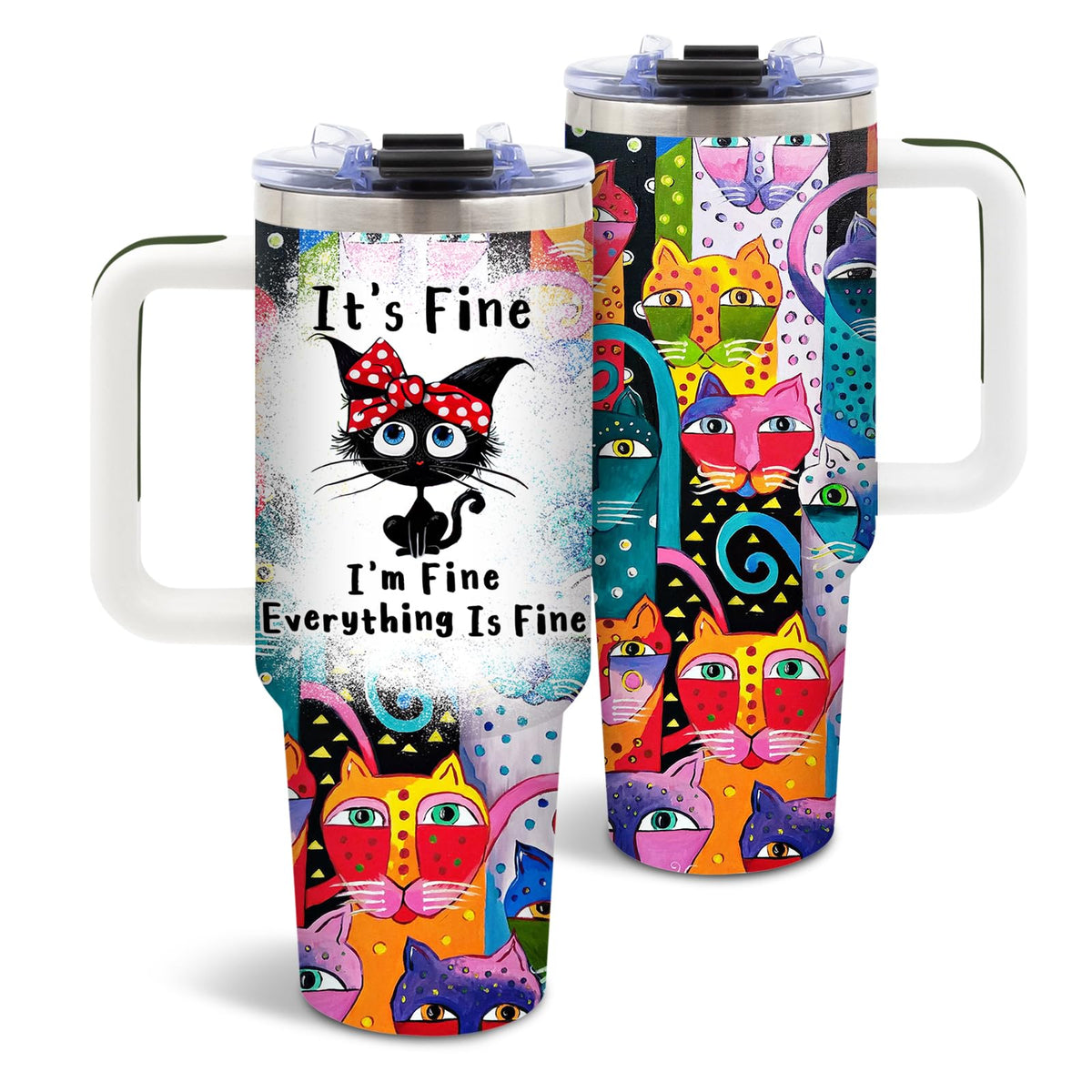 DUUV black cat tumbler with red bow keeps beverages at the right temp on the go