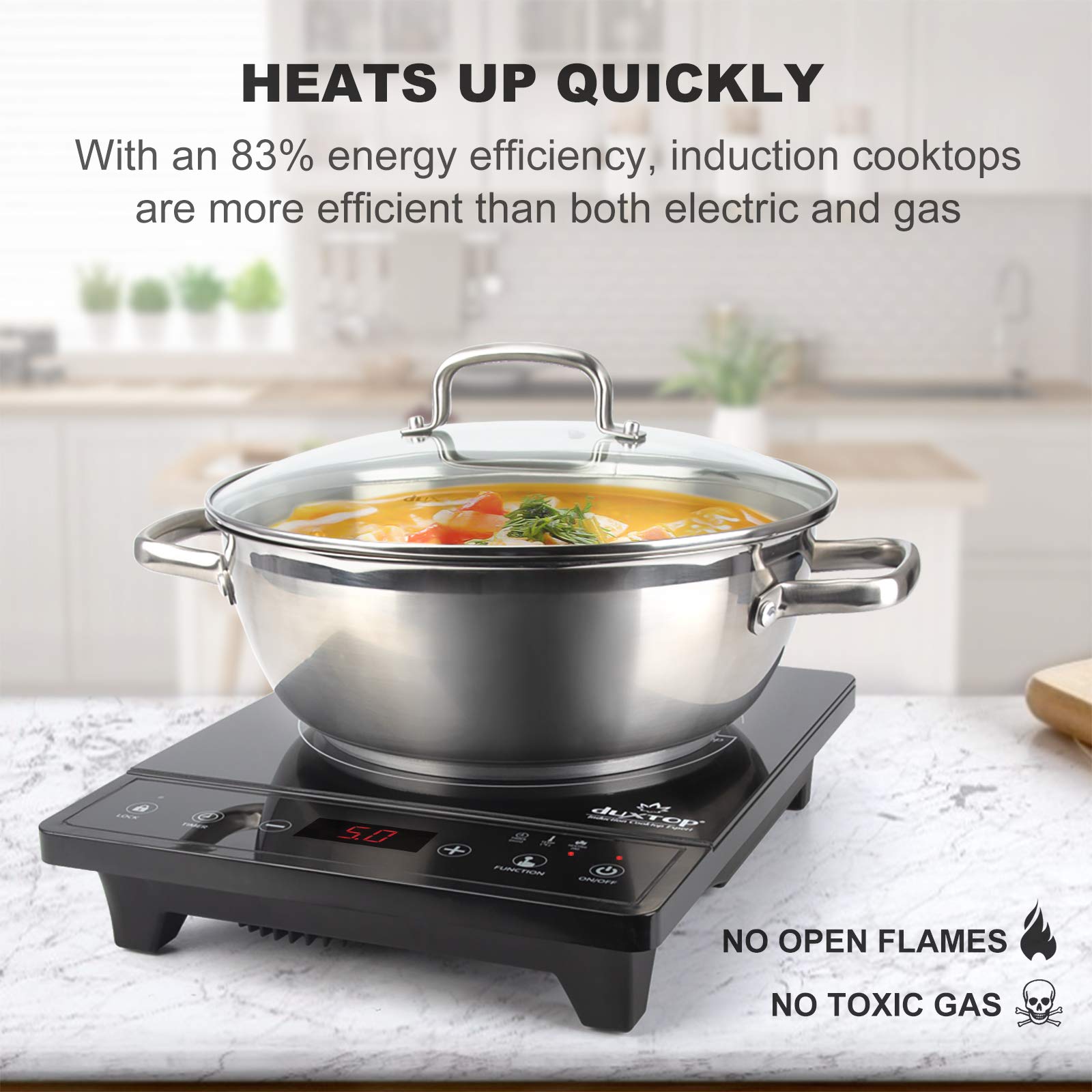 Duxtop induction cooktop control panel provides intuitive power and temperature adjustments.