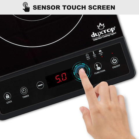 Duxtop induction cooktop pan-detection feature demonstrates safe, compatible cookware use.