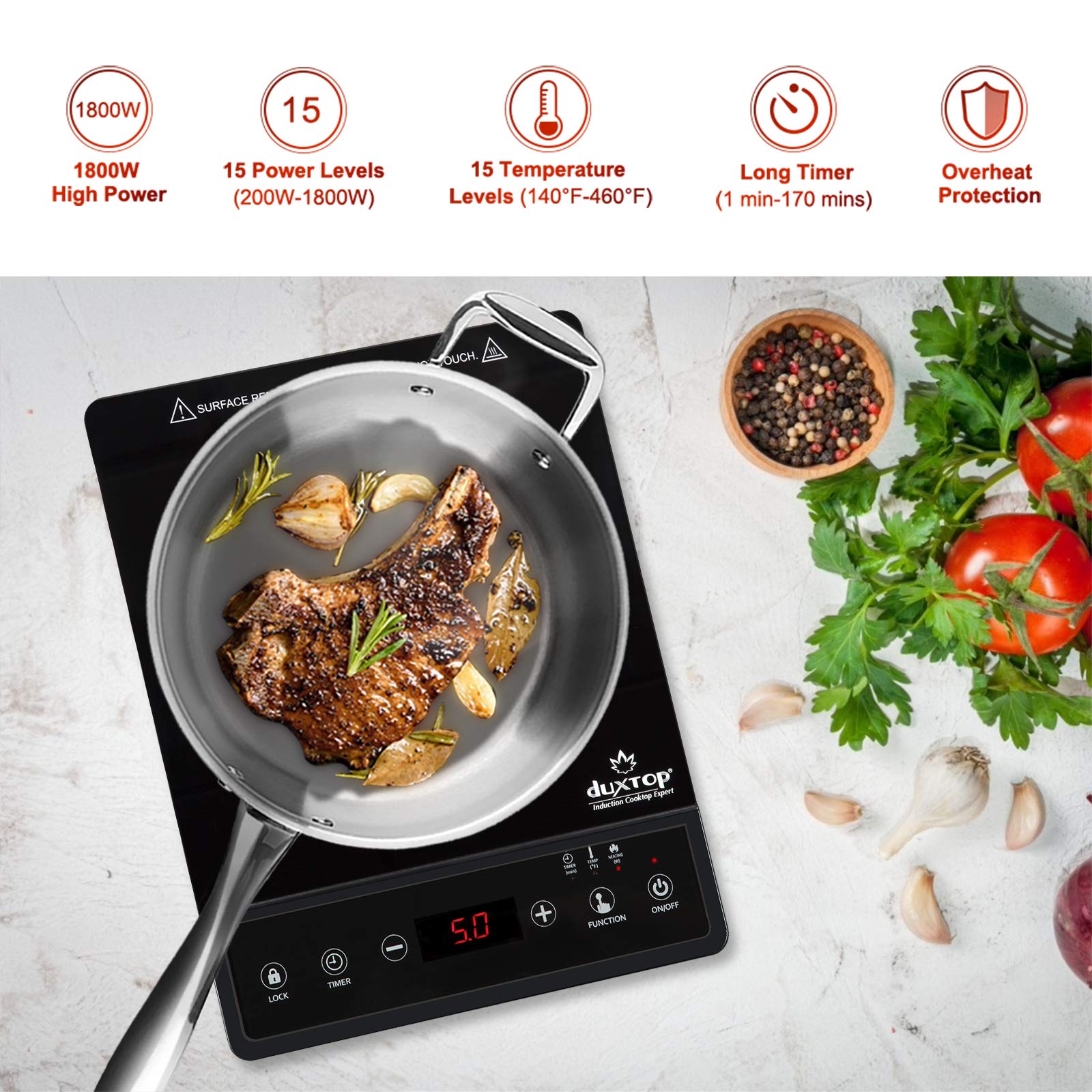 Duxtop induction cooktop timer display helps you time recipes precisely for consistent results.