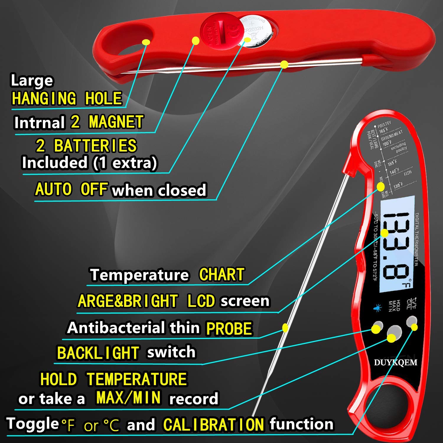 DUYKQEM waterproof thermometer under running water for easy cleanup