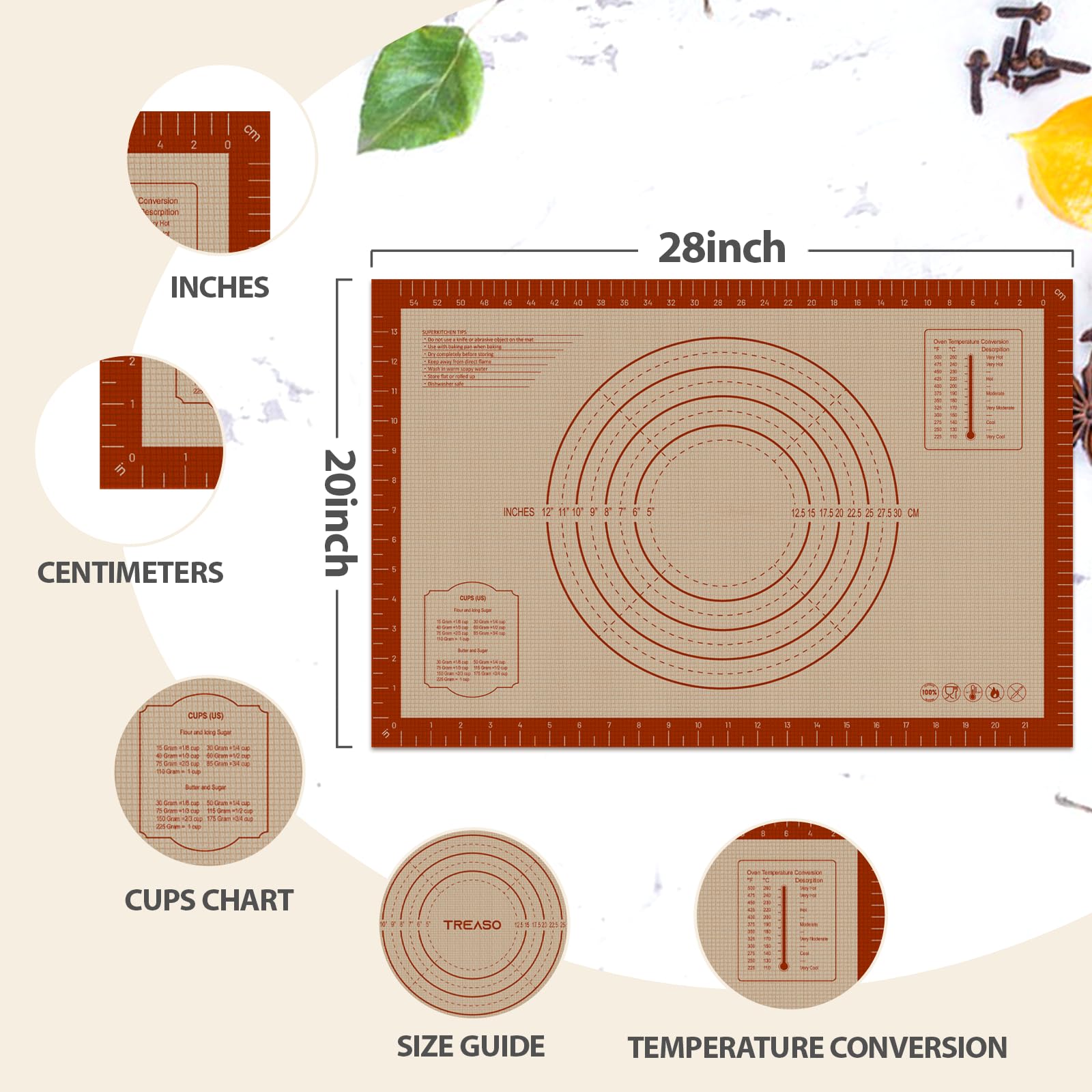 Dwavele pastry mat temperature charts simplify recipe conversions.