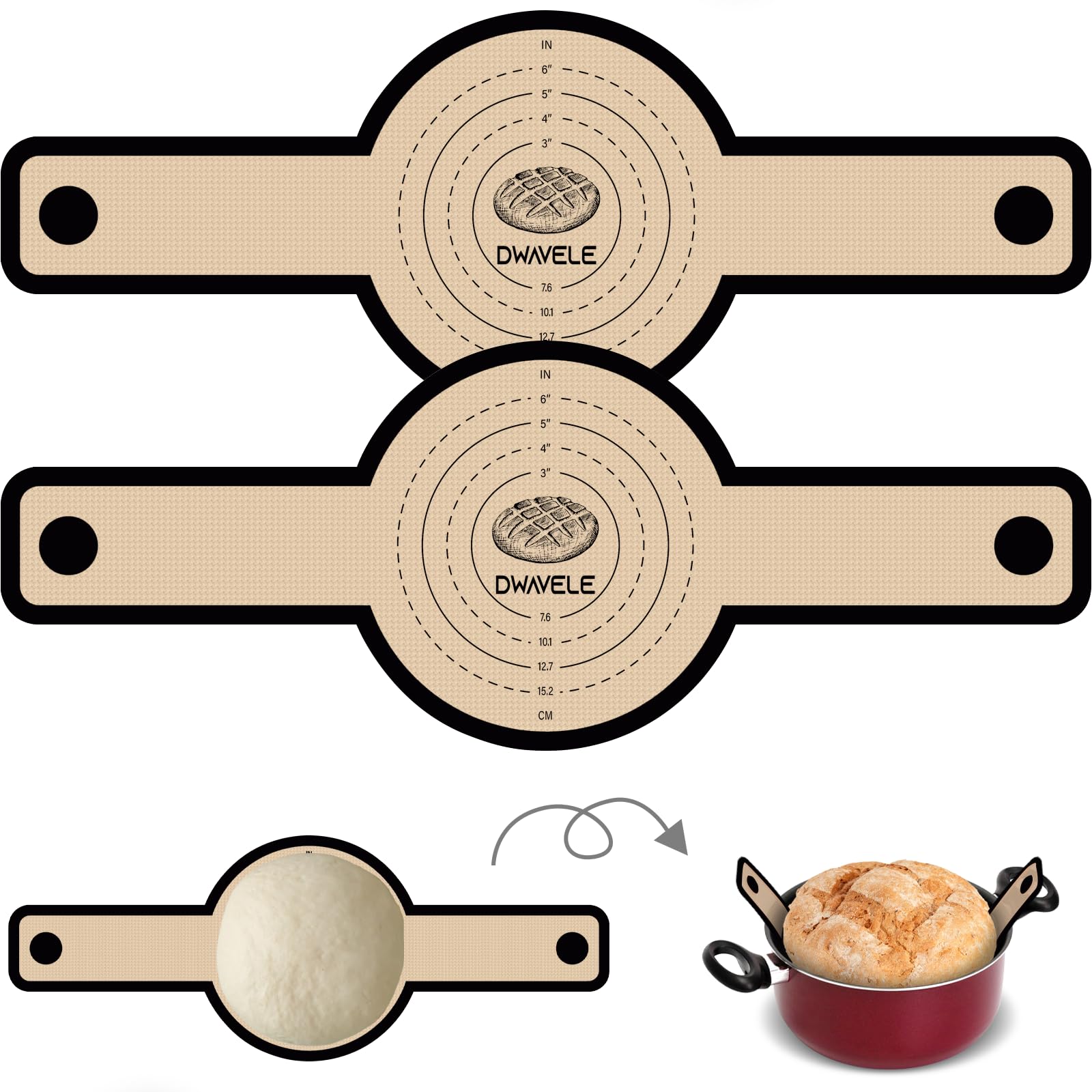 Dwavele silicone bread sling for round Dutch oven showing round transfer use.