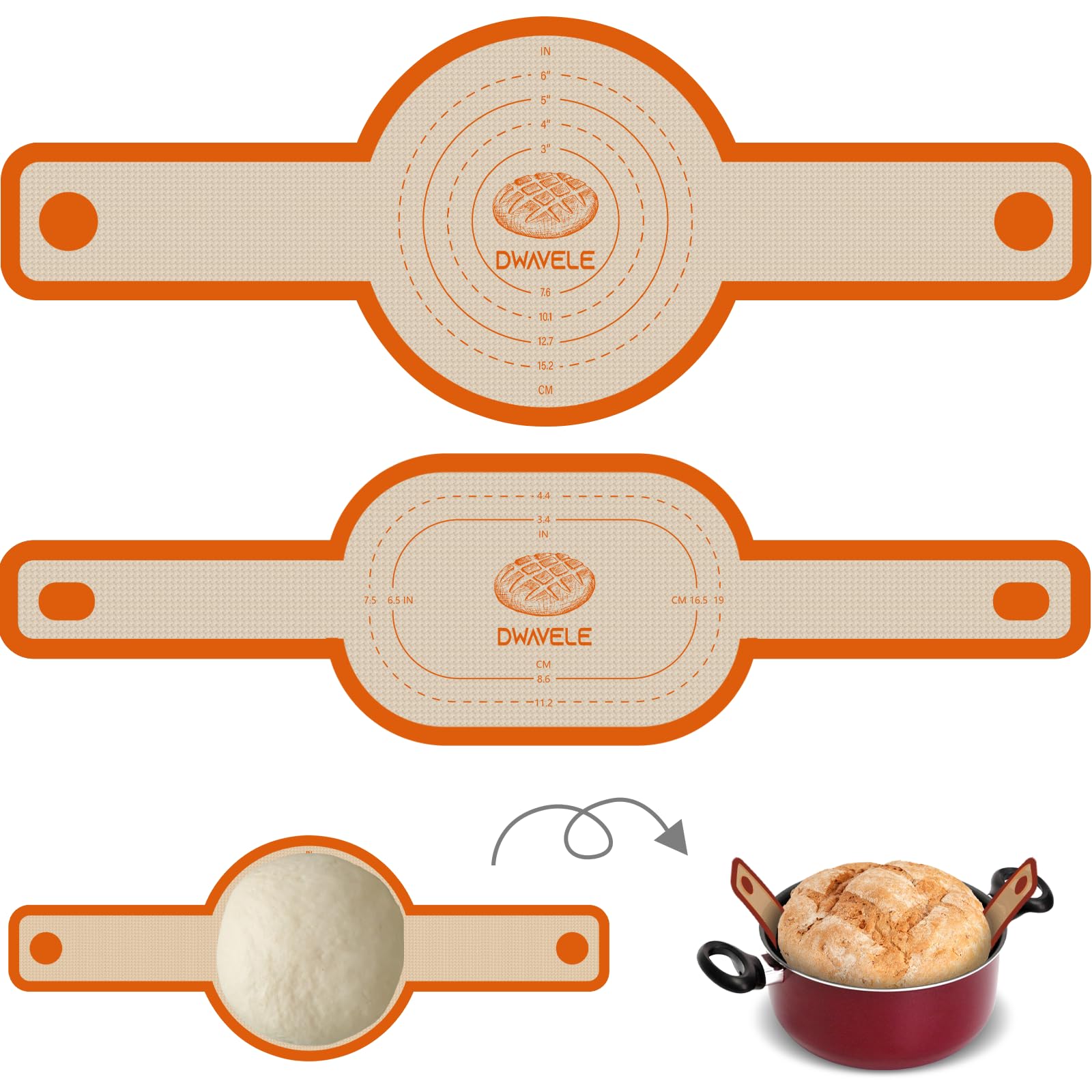 Dwavele silicone bread sling, oval orange, aids safe transfer to the Dutch oven with non-stick surface.