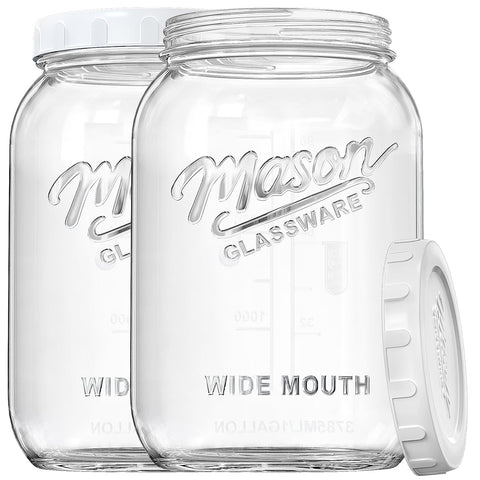 Dwbligt 2-pack wide-mouth mason jars offer 1-gallon capacity for bulk storage and fermentation.