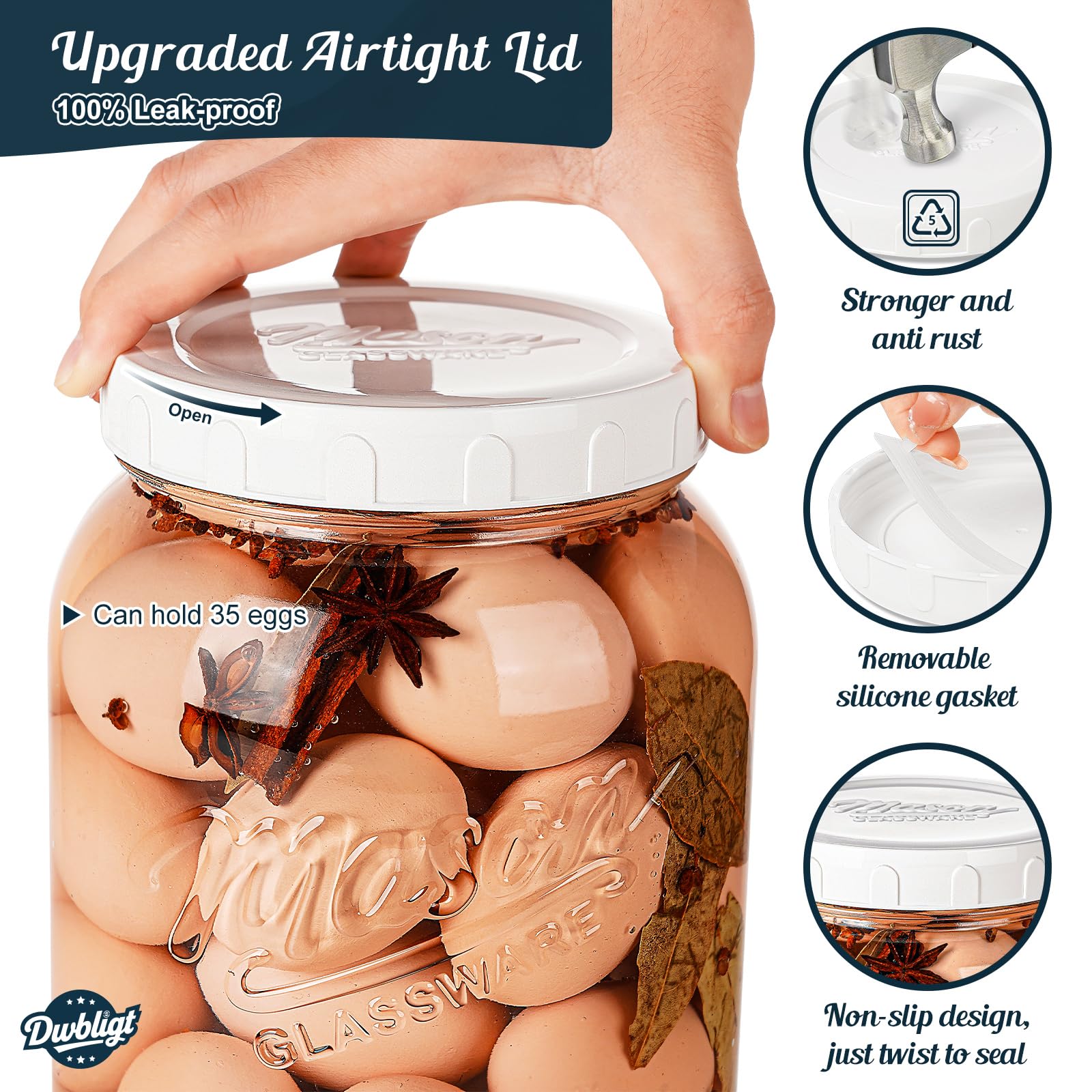 Dwbligt airtight lid with silicone gasket ensures freshness and leak-free sealing for liquids.
