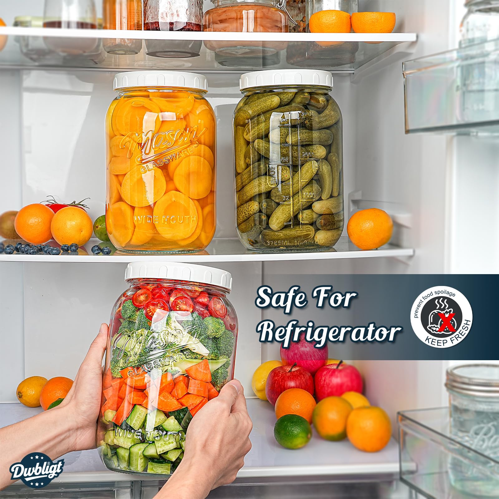 Dwbligt lids seal securely to preserve freshness for fruits and snacks.