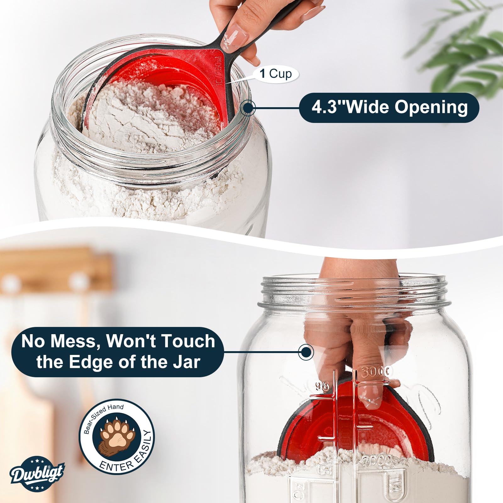 Dwbligt wide-mouth jar close-up showing 4.3-inch opening for easy filling.