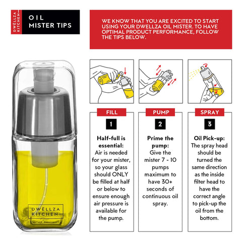 DWËLLZA KITCHEN 6oz spray bottle delivers a fine mist for even coating.