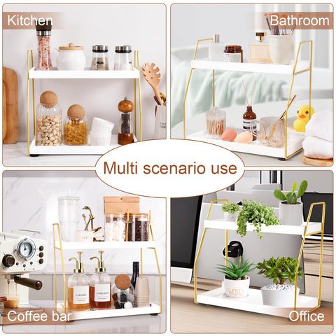 DWTS two-tier shelf storing syrups, tea, and accessories