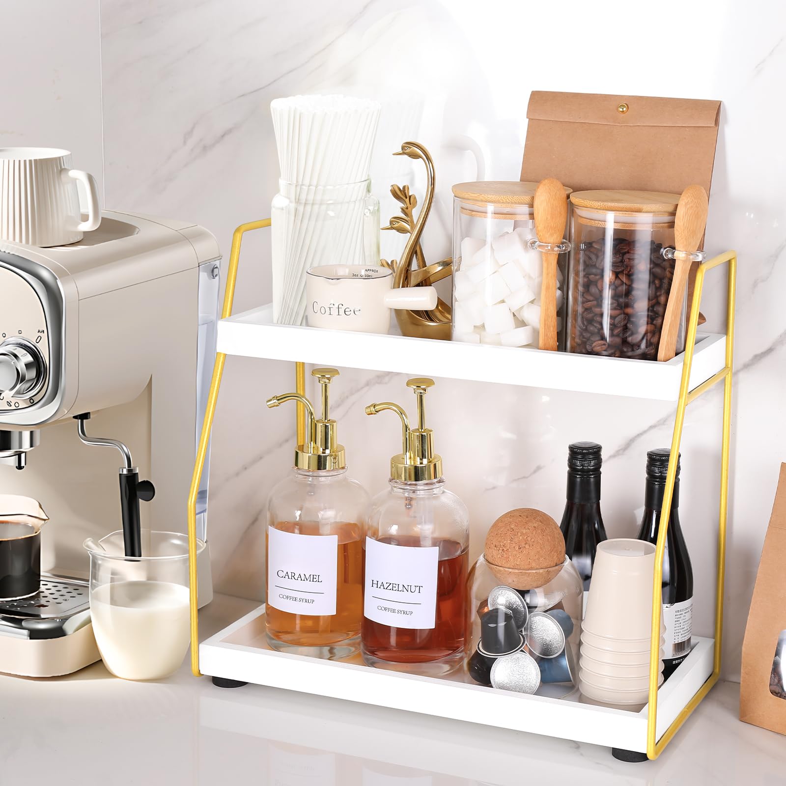 DWTS coffee bar organizer, two-tier wood shelf, front view, gold frame