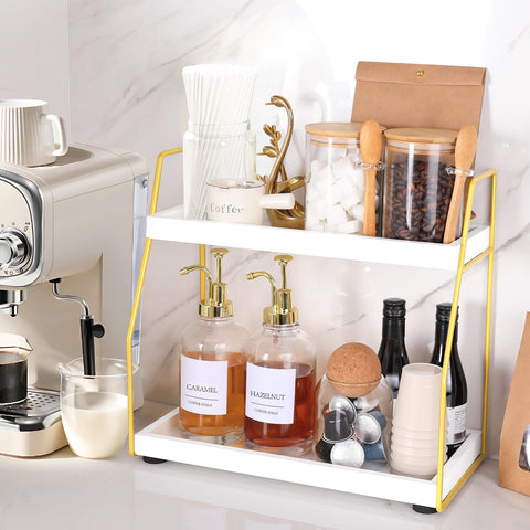 DWTS coffee bar organizer, two-tier wood shelf, front view, gold frame