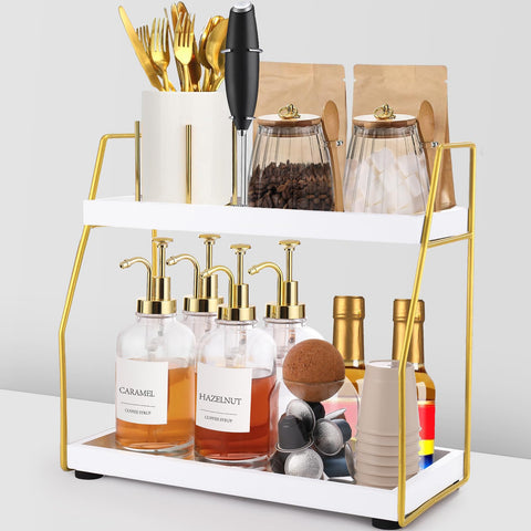 DWTS coffee bar organizer, two-tier wood shelf, left view, frees counter space