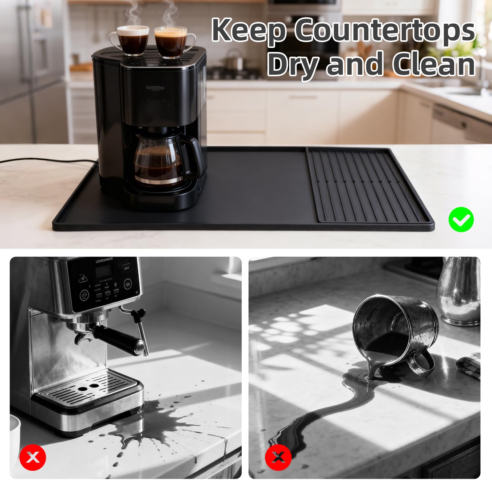 DXOKNQG silicone coffee mat has a rubber backing to prevent sliding on the counter.
