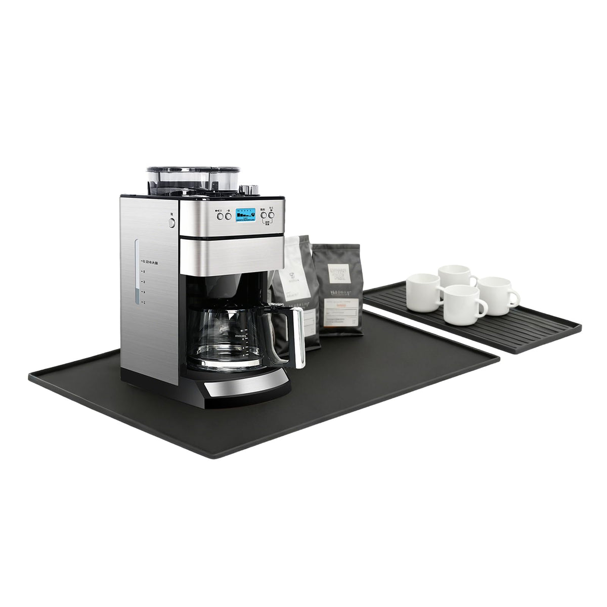 DXOKNQG silicone coffee mat under the coffee machine protects counters and catches spills.