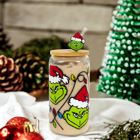 Dyatgerttide Christmas glass can cup with lid and straw for festive beverages.
