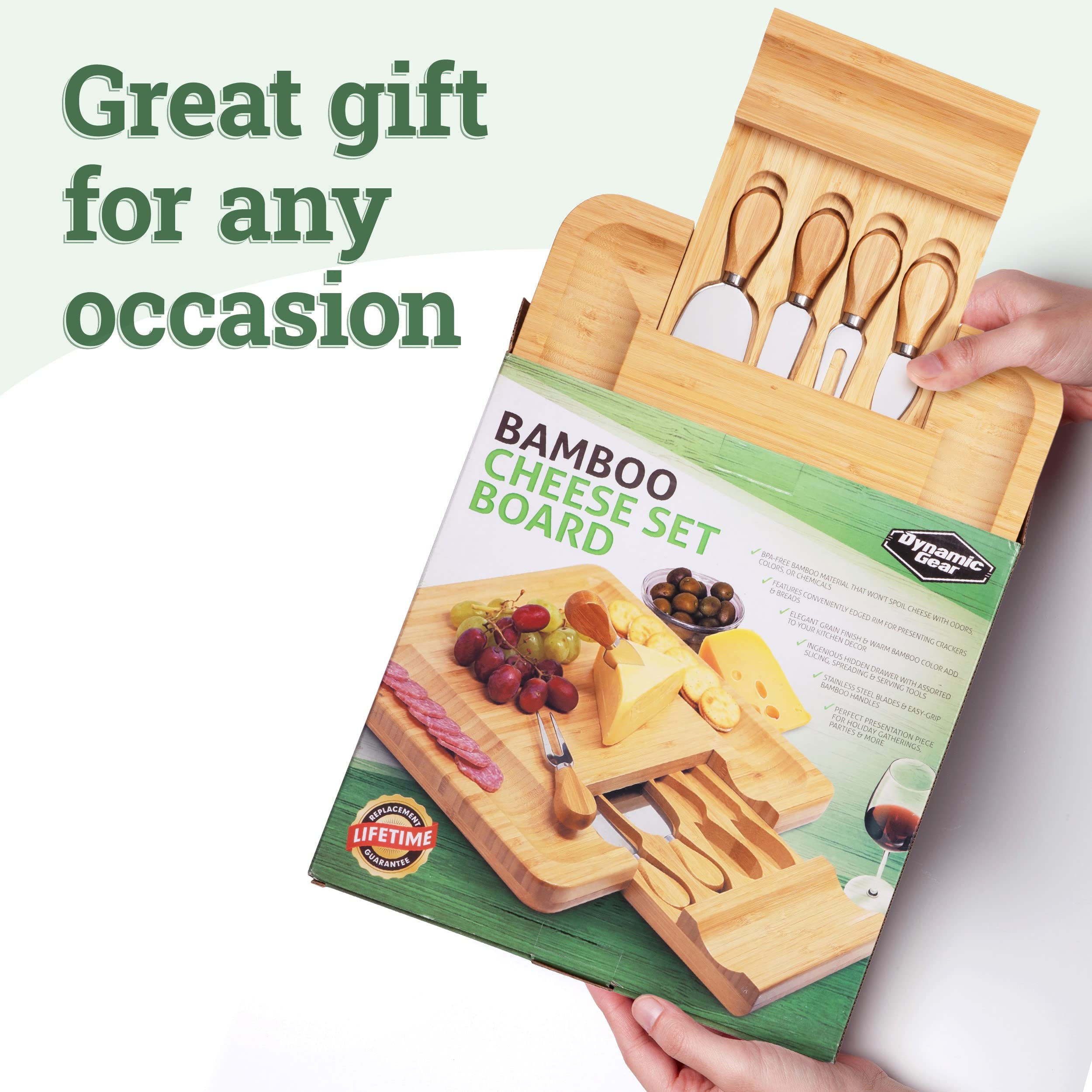 Dynamic Gear 13x13 cheese board offers generous surface for party platters.
