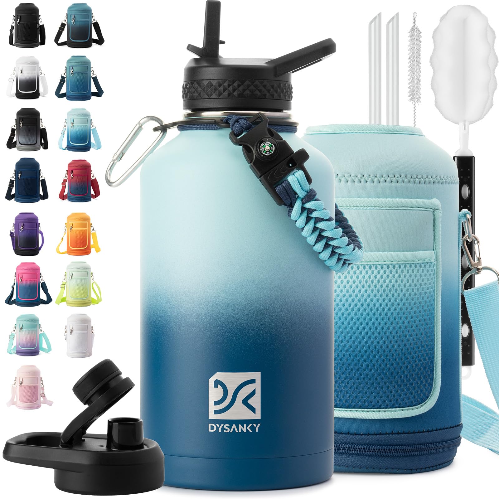 DYSANKY insulated bottle top view shows sleek design and 64 oz capacity for long hikes