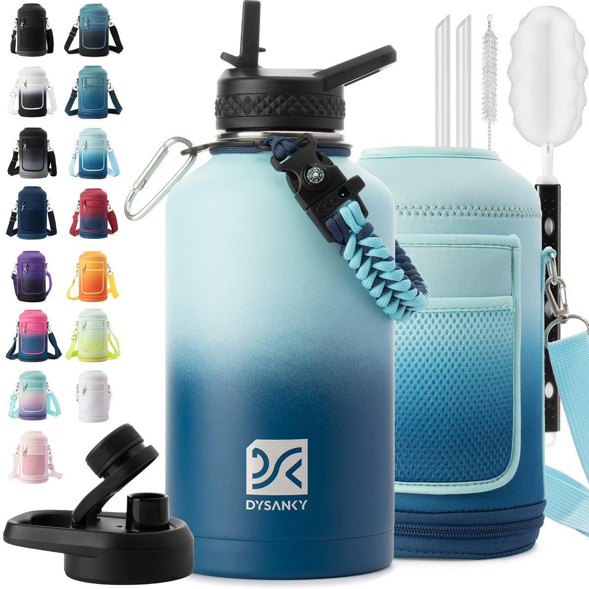 DYSANKY insulated bottle top view shows sleek design and 64 oz capacity for long hikes