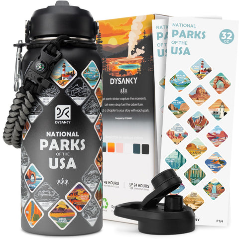DYSANKY National Parks bottle with 63 stickers for hikers and campers.