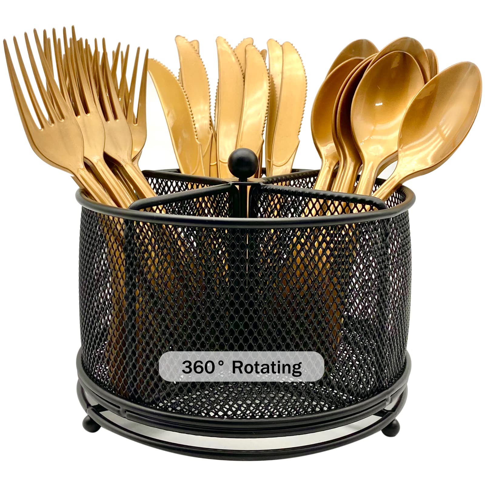 DysanVica 360° rotating utensil caddy with four compartments for easy access during meals.