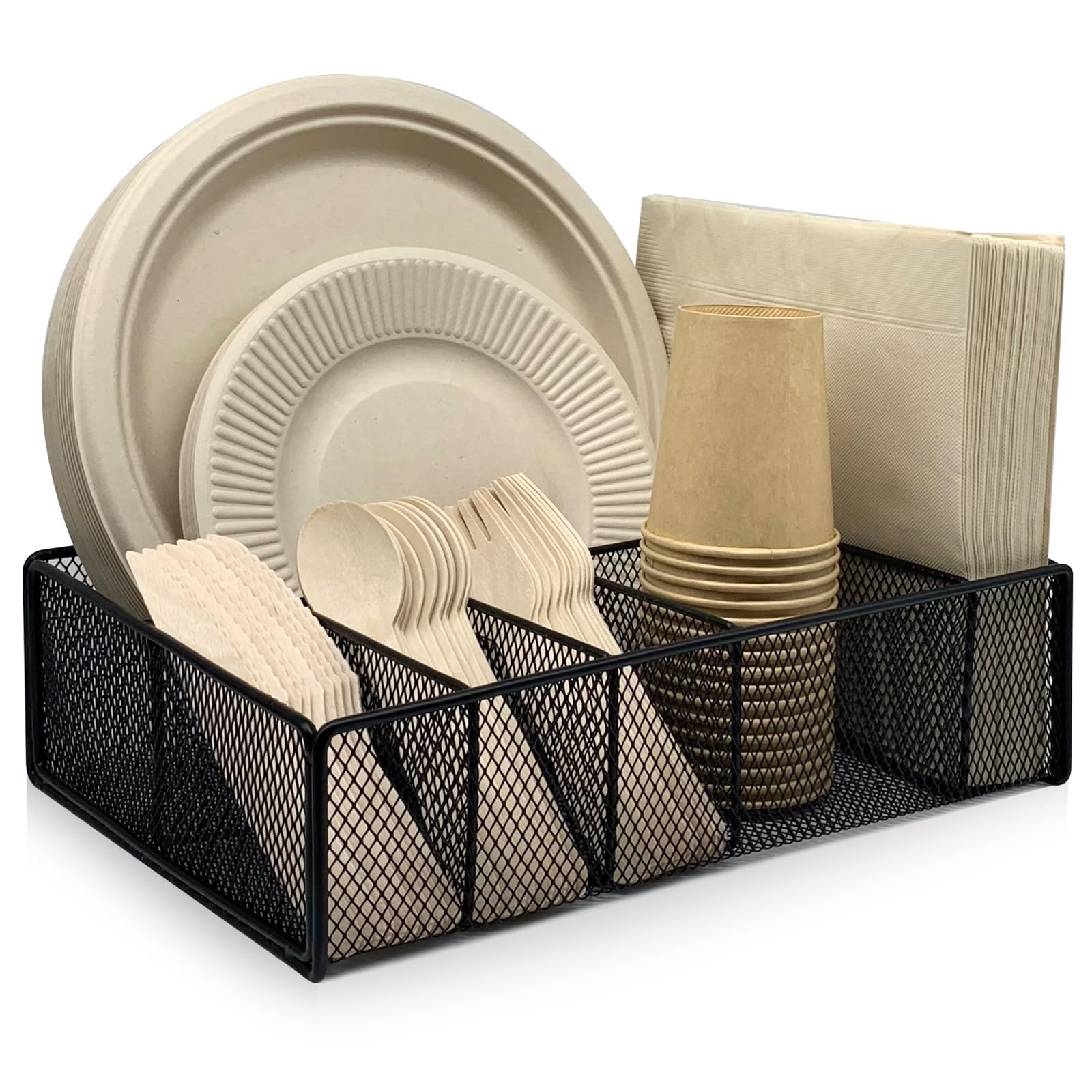 DysanVica metal paper plate holder with six compartments keeps counter organized.
