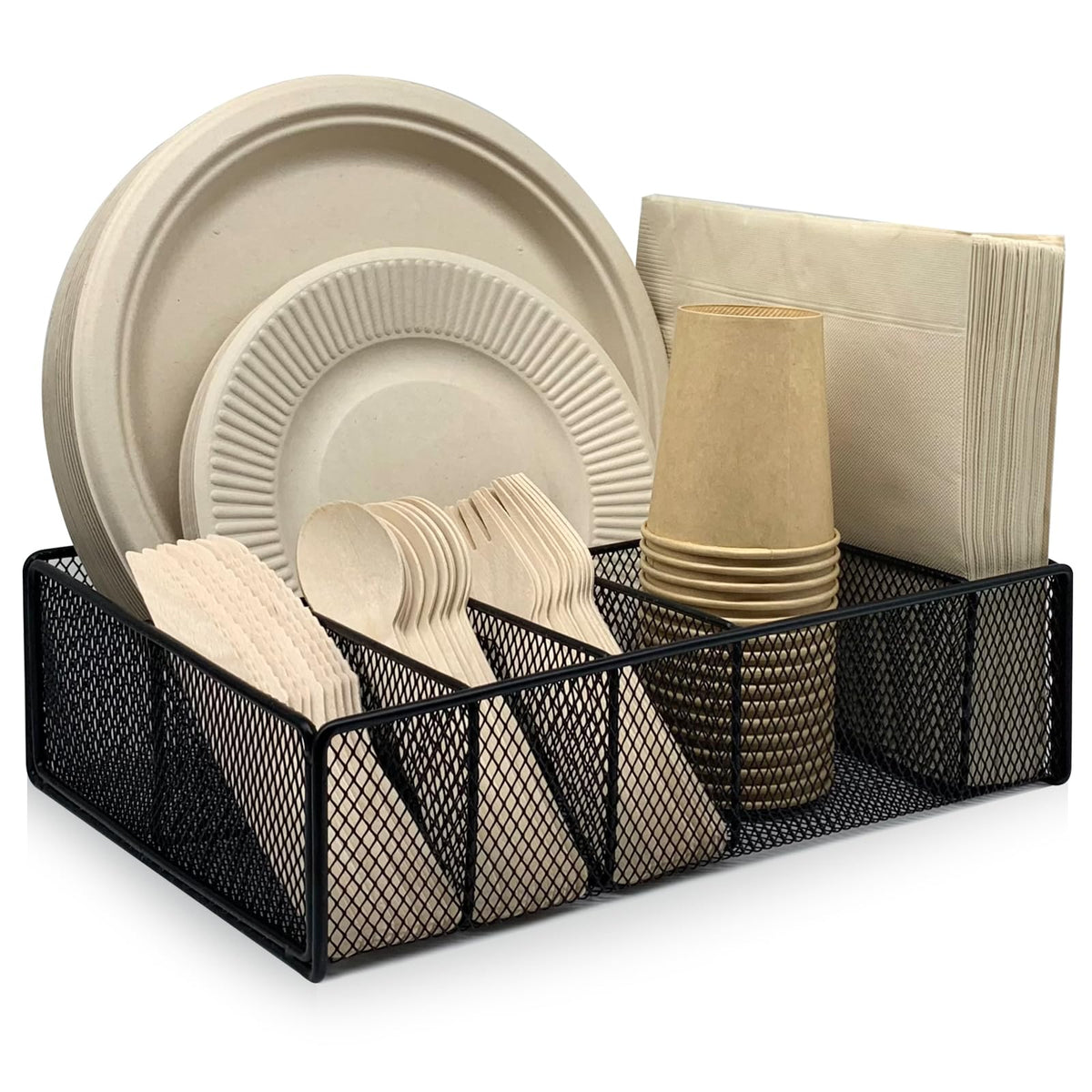 DysanVica metal paper plate holder with six compartments keeps counter organized.