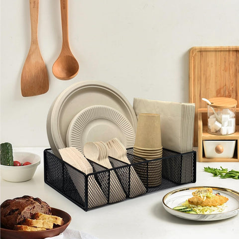DysanVica paper plate organizer for cabinet simplifies storage and serving setup.