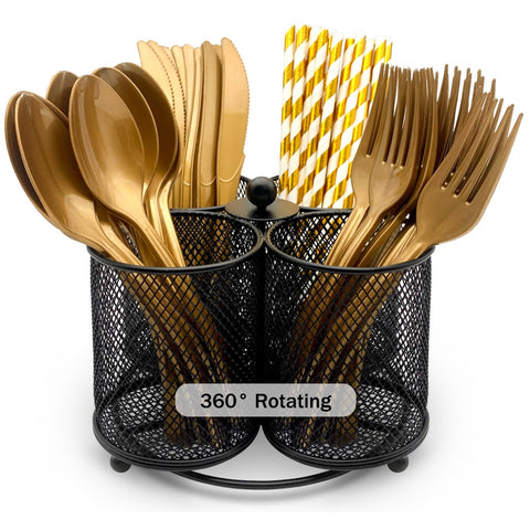 DysanVica silverware holder with 360° rotation keeps utensils organized on the counter.
