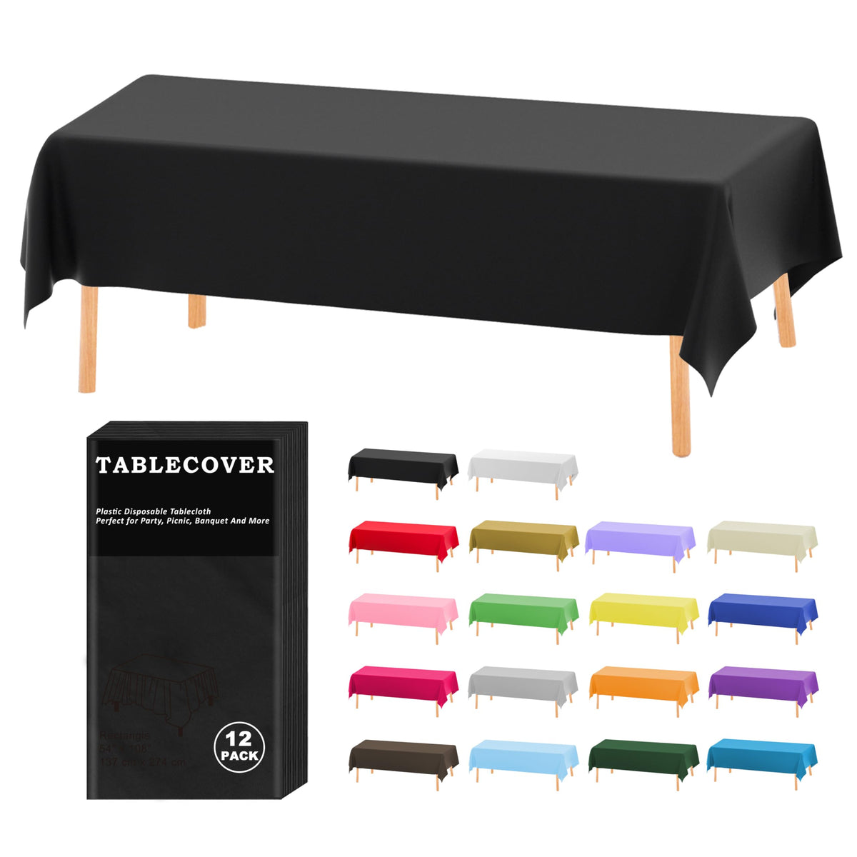 Chic D&Z black plastic tablecloth provides full coverage for indoor and outdoor dining.