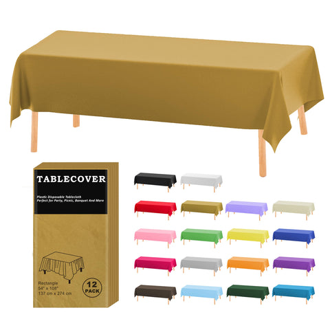 D&Z gold plastic tablecloth on a rectangle table for elegant indoor events.