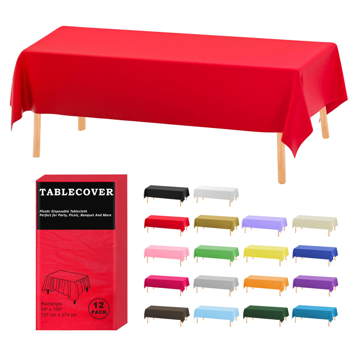 D&Z plastic tablecloth, red rectangle, 54 by 108 inches, ideal for quick party setup.