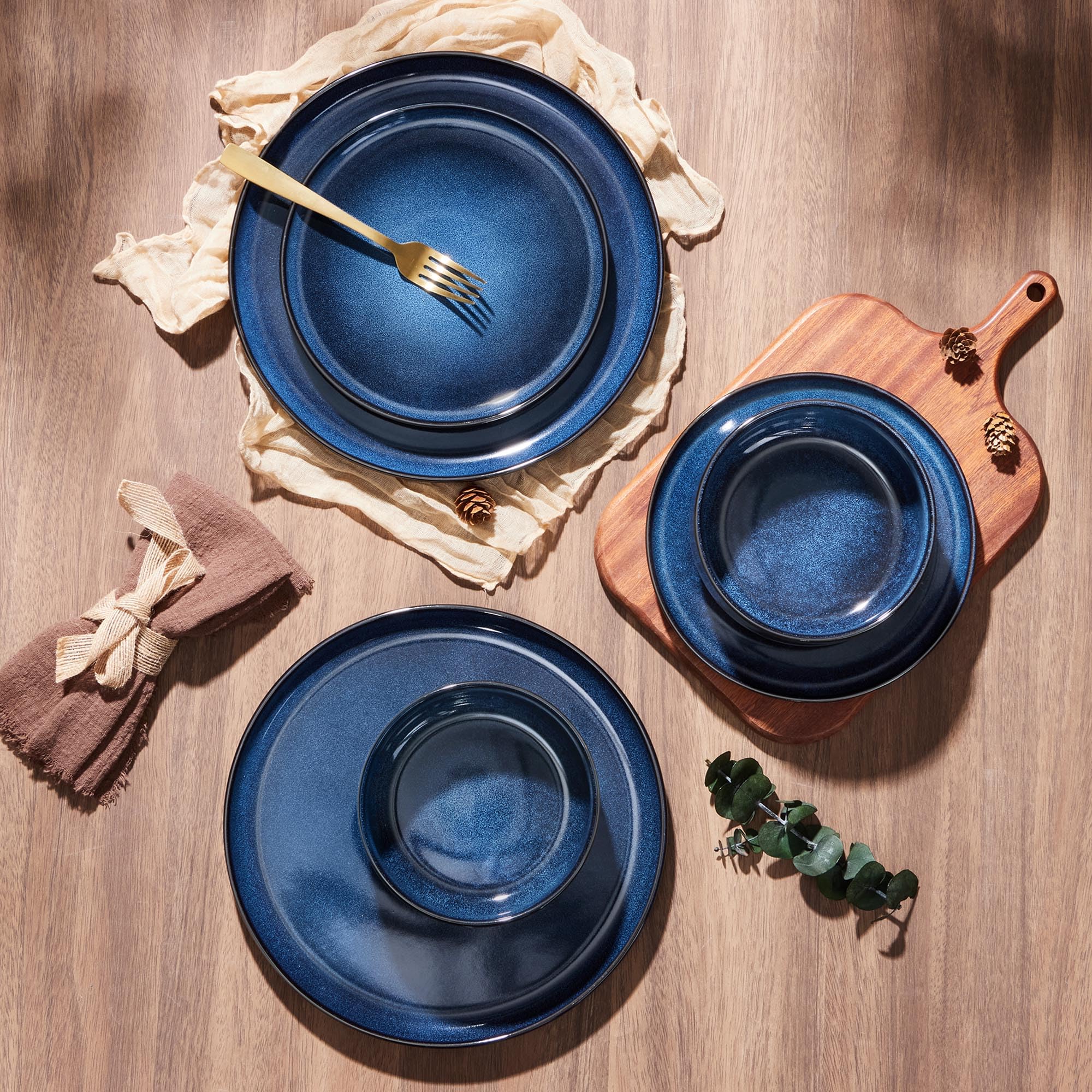 E-far deep-sea blue dinnerware brings rustic charm to table settings.