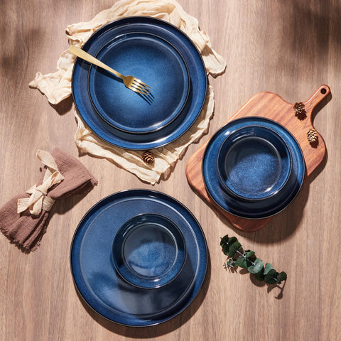E-far deep-sea blue dinnerware brings rustic charm to table settings.
