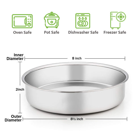 E-far round bake pans showing 8x2 inner size for stacked cake layering.
