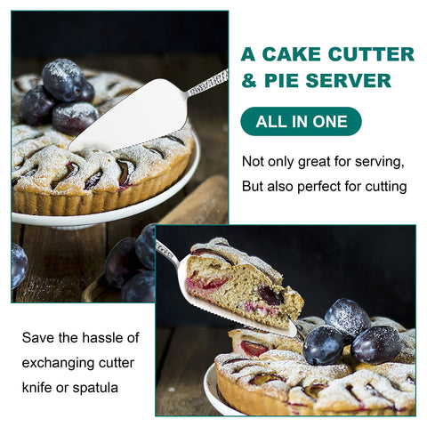 E-far serrated-edge pie server close-up shows precise cutting for pies.