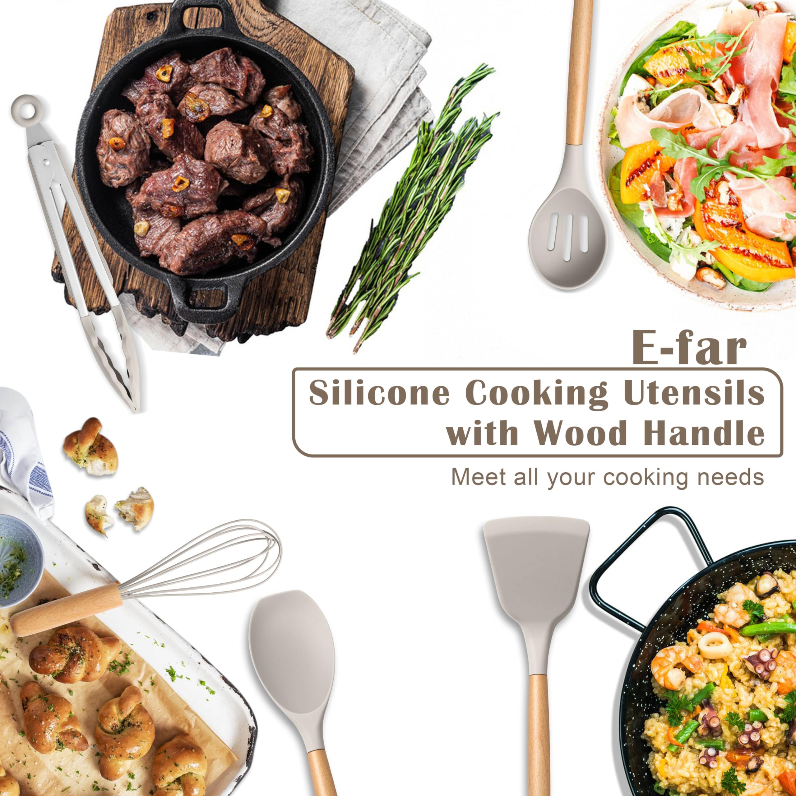 E-far silicone utensils set with wooden handle, comfortable grip during high-heat cooking.