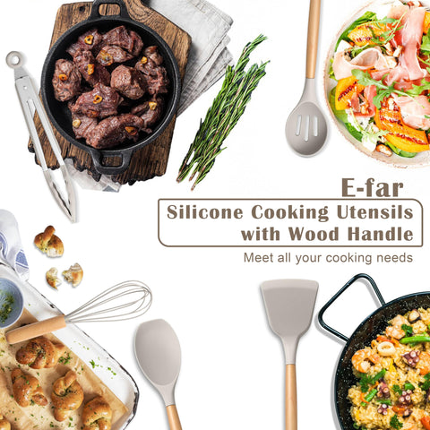 E-far silicone utensils set with wooden handle, comfortable grip during high-heat cooking.