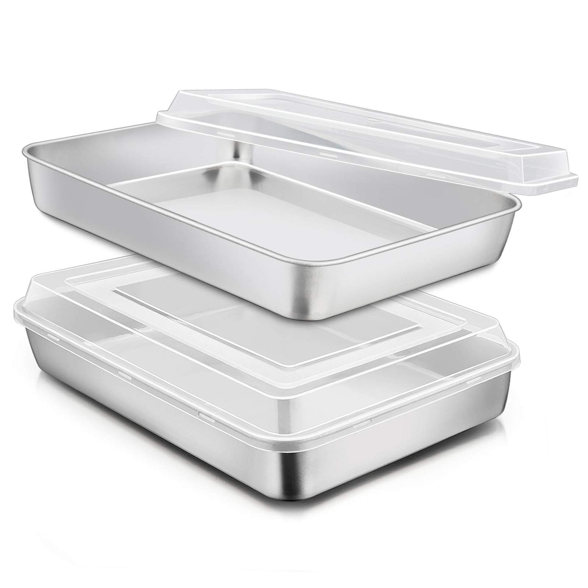 E-far stainless steel baking pan with lid, durable daily-use bakeware.