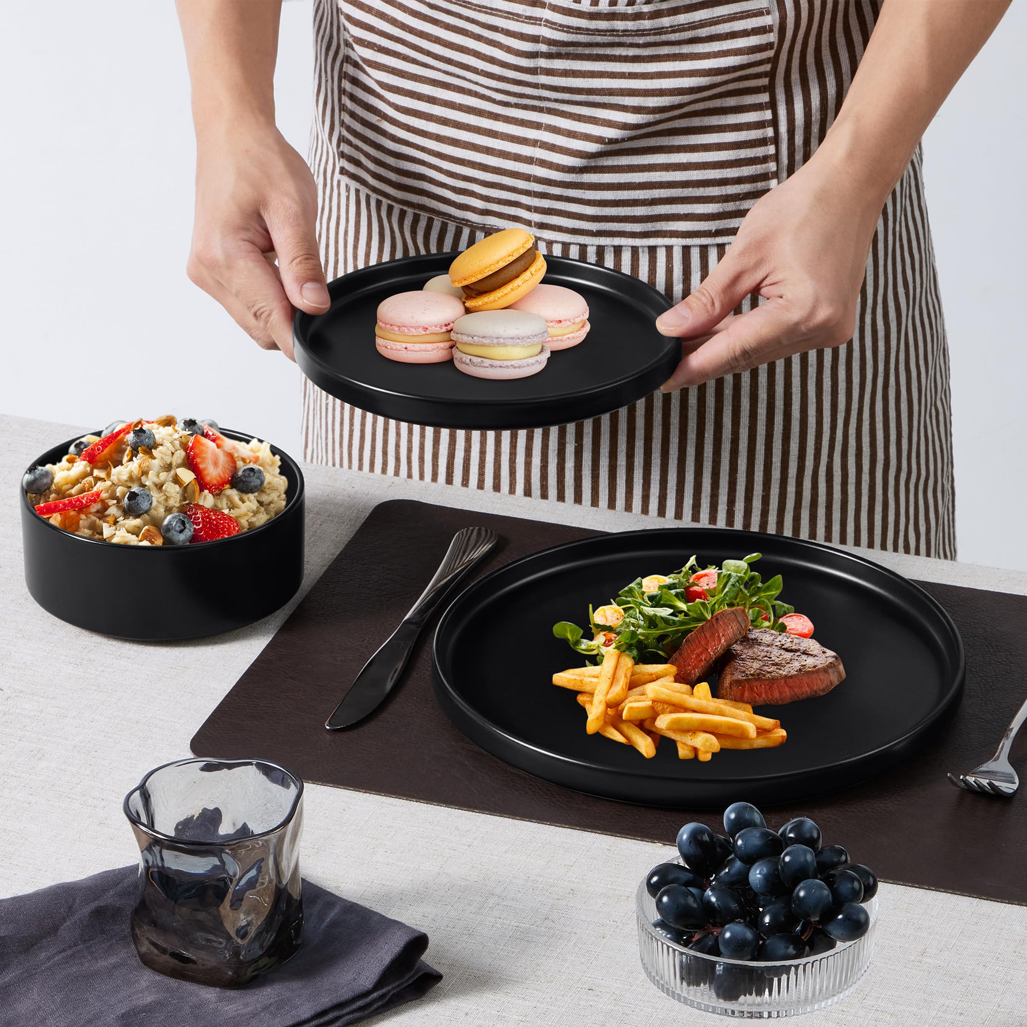E-far stoneware in matte black finish for a sleek, contemporary table.