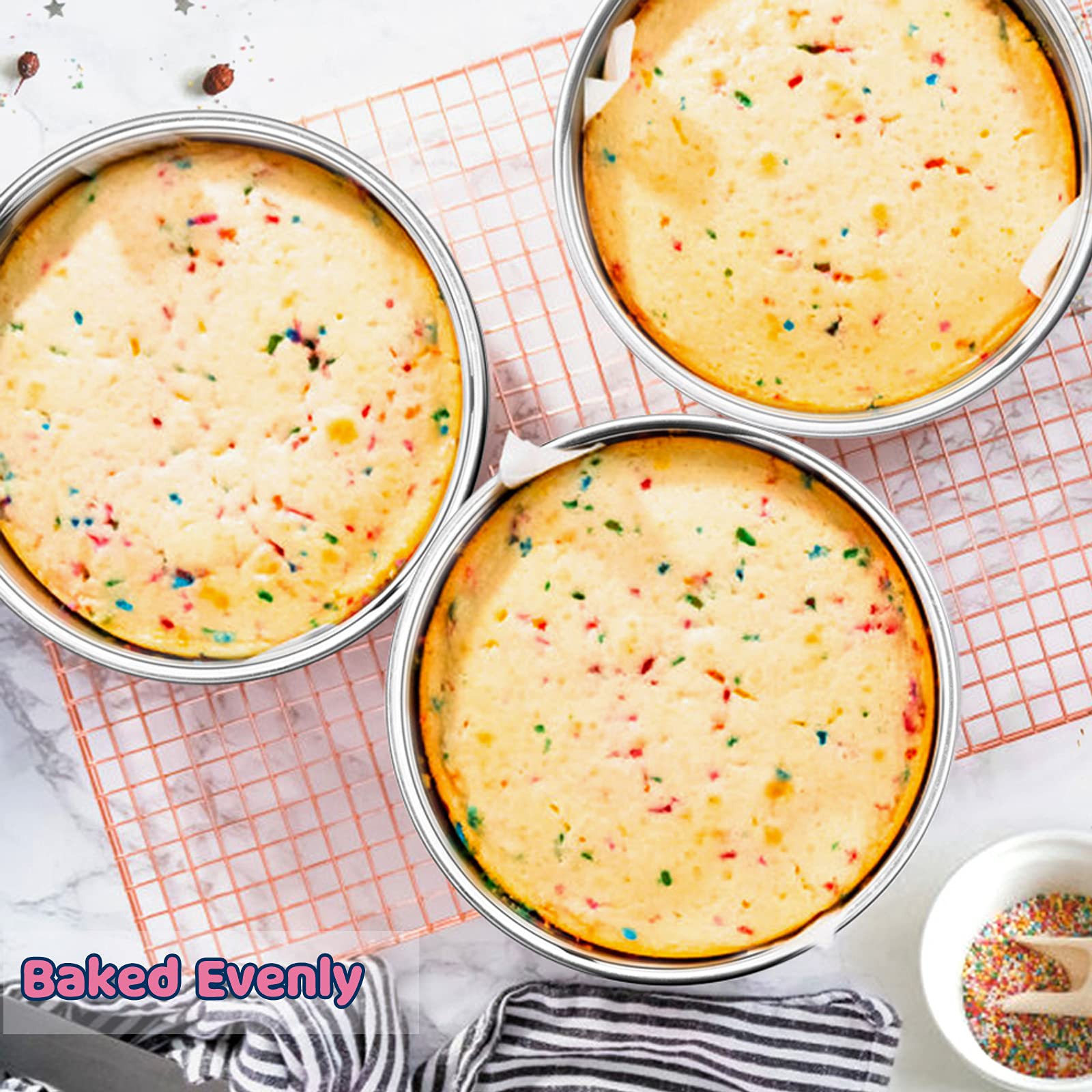 E-far straight-sided pans ideal for precise cake stacks.