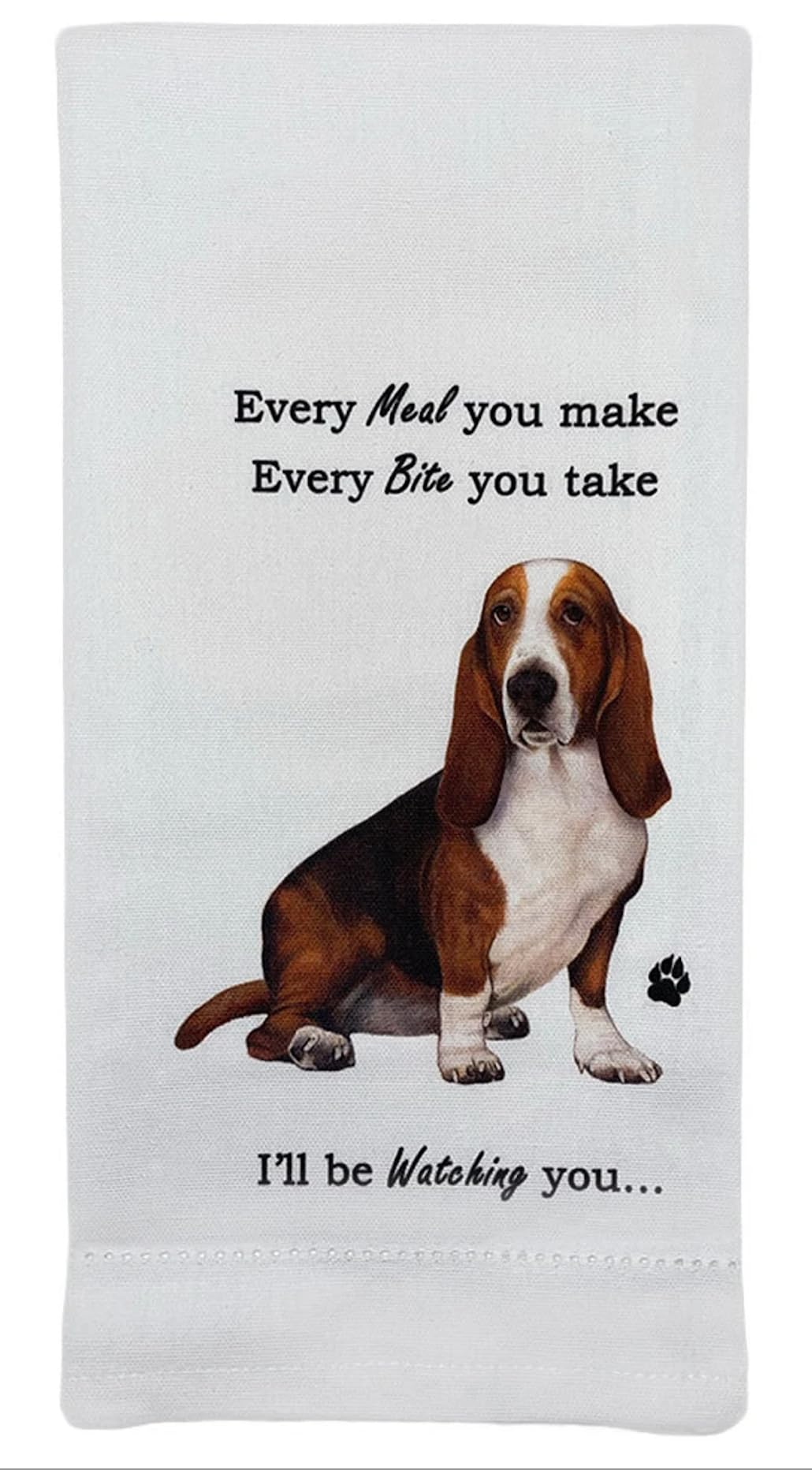 E&S Imports Basset Hound kitchen towel front view shows durable 100% cotton and absorbent fabric.